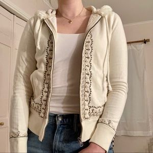 Embroidered Lucky Brand Zip-Up Hoodie w/ Faux Fur